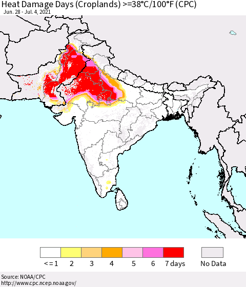 Southern Asia Heat Damage Days (Croplands) >=38°C/100°F (CPC) Thematic Map For 6/28/2021 - 7/4/2021