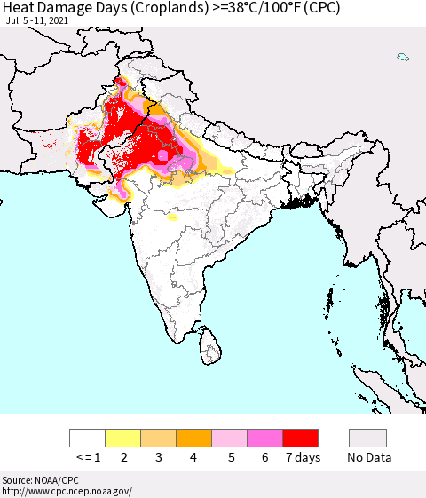 Southern Asia Heat Damage Days (Croplands) >=38°C/100°F (CPC) Thematic Map For 7/5/2021 - 7/11/2021