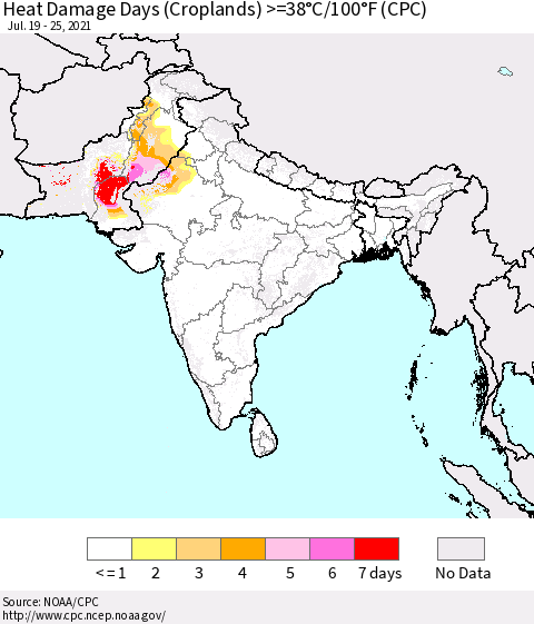 Southern Asia Heat Damage Days (Croplands) >=38°C/100°F (CPC) Thematic Map For 7/19/2021 - 7/25/2021