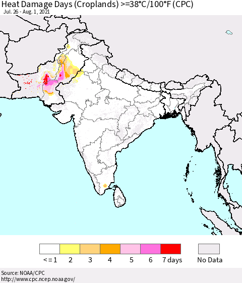 Southern Asia Heat Damage Days (Croplands) >=38°C/100°F (CPC) Thematic Map For 7/26/2021 - 8/1/2021