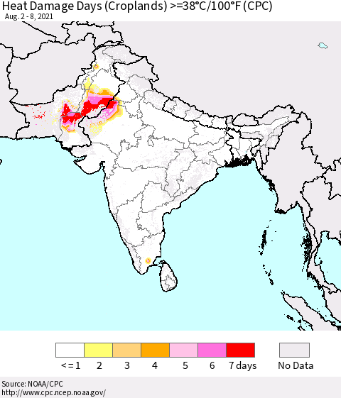 Southern Asia Heat Damage Days (Croplands) >=38°C/100°F (CPC) Thematic Map For 8/2/2021 - 8/8/2021