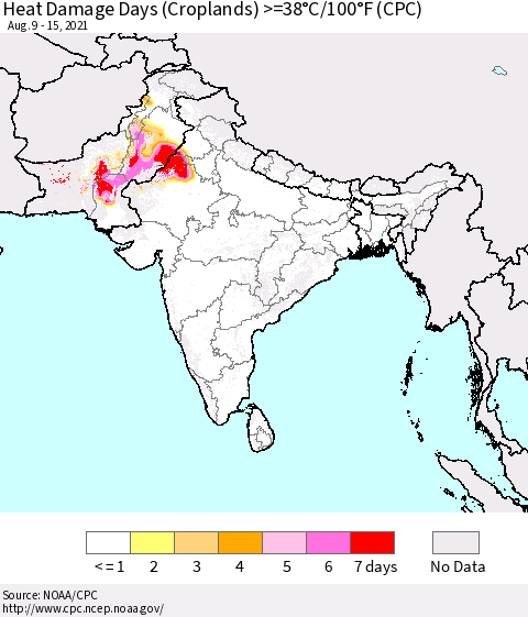 Southern Asia Heat Damage Days (Croplands) >=38°C/100°F (CPC) Thematic Map For 8/9/2021 - 8/15/2021