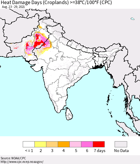 Southern Asia Heat Damage Days (Croplands) >=38°C/100°F (CPC) Thematic Map For 8/23/2021 - 8/29/2021