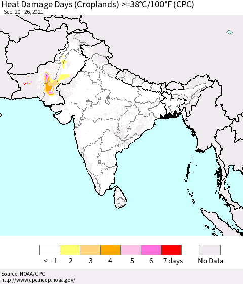 Southern Asia Heat Damage Days (Croplands) >=38°C/100°F (CPC) Thematic Map For 9/20/2021 - 9/26/2021