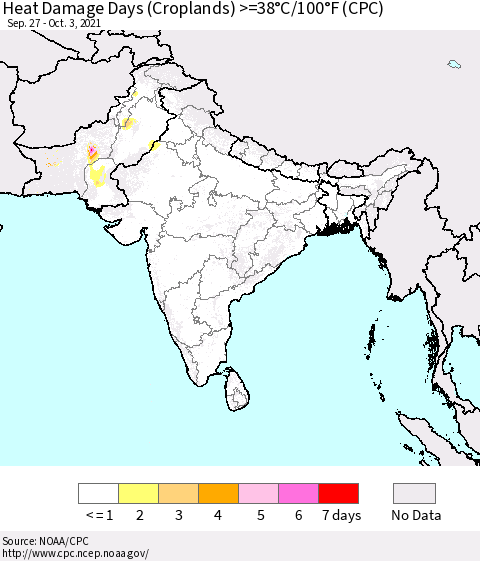 Southern Asia Heat Damage Days (Croplands) >=38°C/100°F (CPC) Thematic Map For 9/27/2021 - 10/3/2021
