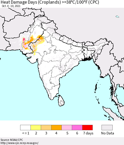Southern Asia Heat Damage Days (Croplands) >=38°C/100°F (CPC) Thematic Map For 10/4/2021 - 10/10/2021
