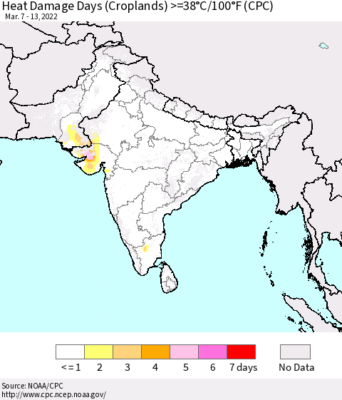 Southern Asia Heat Damage Days (Croplands) >=38°C/100°F (CPC) Thematic Map For 3/7/2022 - 3/13/2022