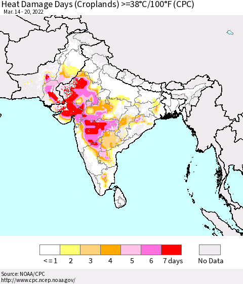 Southern Asia Heat Damage Days (Croplands) >=38°C/100°F (CPC) Thematic Map For 3/14/2022 - 3/20/2022