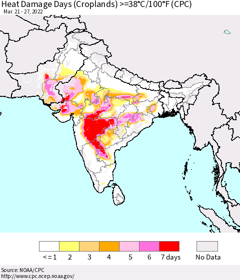 Southern Asia Heat Damage Days (Croplands) >=38°C/100°F (CPC) Thematic Map For 3/21/2022 - 3/27/2022