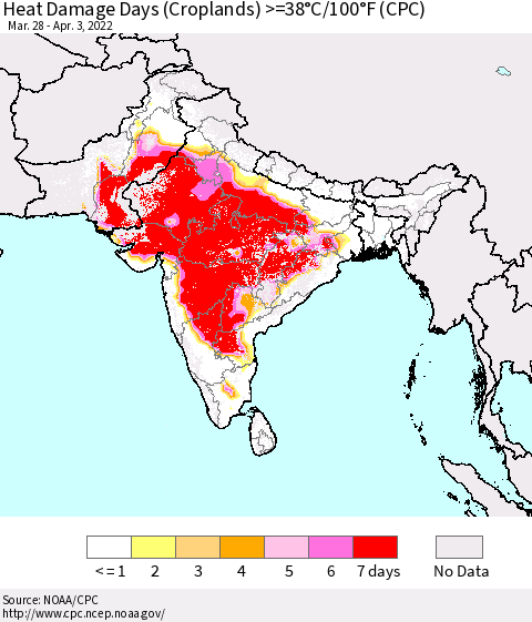 Southern Asia Heat Damage Days (Croplands) >=38°C/100°F (CPC) Thematic Map For 3/28/2022 - 4/3/2022