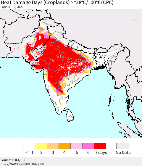Southern Asia Heat Damage Days (Croplands) >=38°C/100°F (CPC) Thematic Map For 4/4/2022 - 4/10/2022