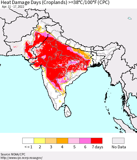 Southern Asia Heat Damage Days (Croplands) >=38°C/100°F (CPC) Thematic Map For 4/11/2022 - 4/17/2022
