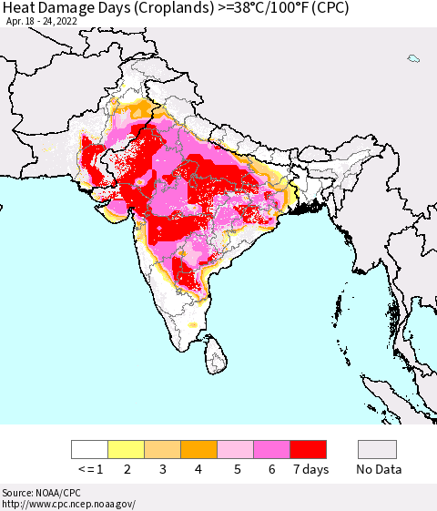 Southern Asia Heat Damage Days (Croplands) >=38°C/100°F (CPC) Thematic Map For 4/18/2022 - 4/24/2022