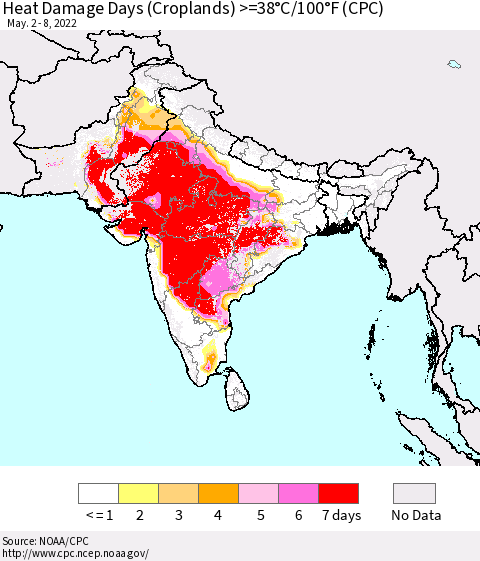 Southern Asia Heat Damage Days (Croplands) >=38°C/100.4°F (CPC) Thematic Map For 5/2/2022 - 5/8/2022