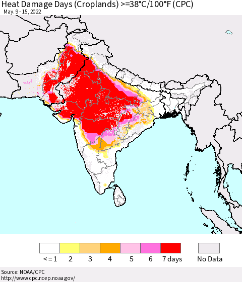 Southern Asia Heat Damage Days (Croplands) >=38°C/100.4°F (CPC) Thematic Map For 5/9/2022 - 5/15/2022