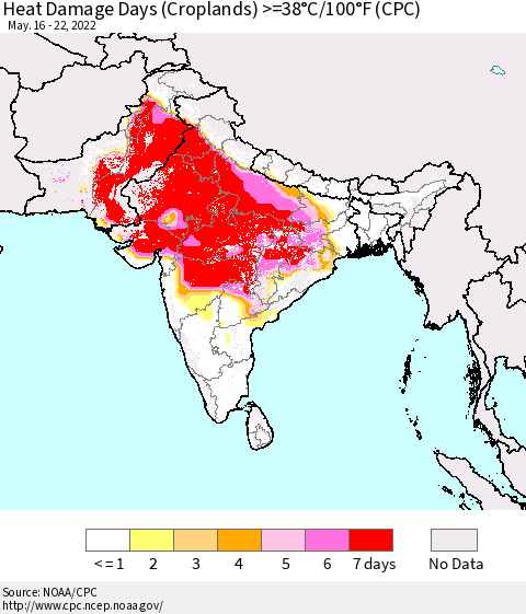 Southern Asia Heat Damage Days (Croplands) >=38°C/100.4°F (CPC) Thematic Map For 5/16/2022 - 5/22/2022