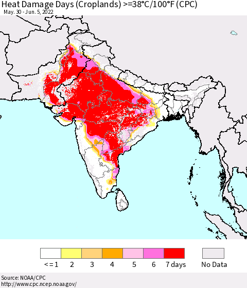 Southern Asia Heat Damage Days (Croplands) >=38°C/100°F (CPC) Thematic Map For 5/30/2022 - 6/5/2022