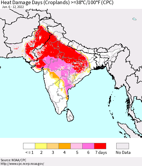 Southern Asia Heat Damage Days (Croplands) >=38°C/100.4°F (CPC) Thematic Map For 6/6/2022 - 6/12/2022