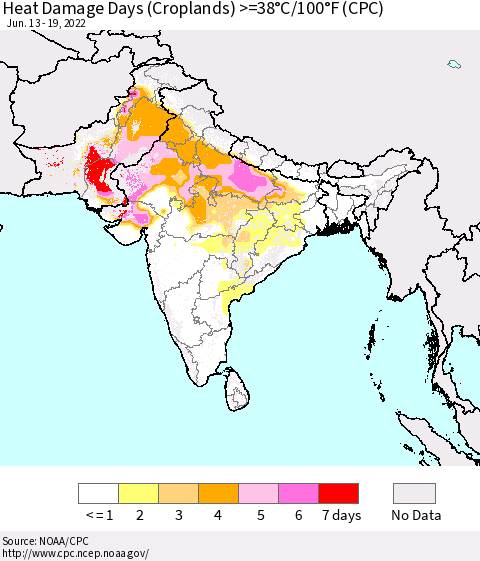 Southern Asia Heat Damage Days (Croplands) >=38°C/100°F (CPC) Thematic Map For 6/13/2022 - 6/19/2022