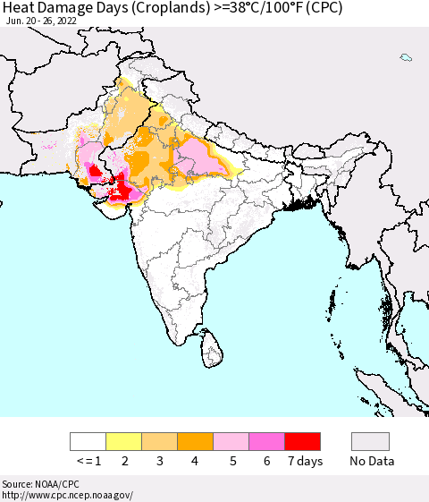 Southern Asia Heat Damage Days (Croplands) >=38°C/100°F (CPC) Thematic Map For 6/20/2022 - 6/26/2022