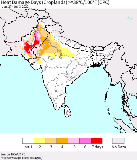 Southern Asia Heat Damage Days (Croplands) >=38°C/100°F (CPC) Thematic Map For 6/27/2022 - 7/3/2022