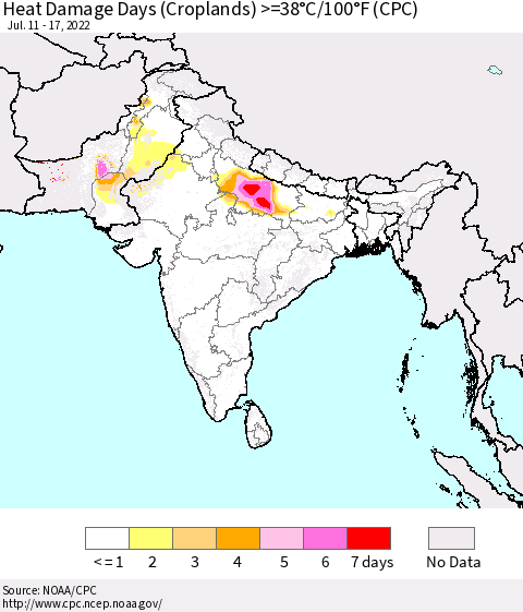 Southern Asia Heat Damage Days (Croplands) >=38°C/100°F (CPC) Thematic Map For 7/11/2022 - 7/17/2022