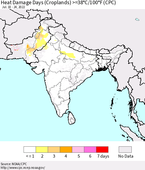 Southern Asia Heat Damage Days (Croplands) >=38°C/100°F (CPC) Thematic Map For 7/18/2022 - 7/24/2022