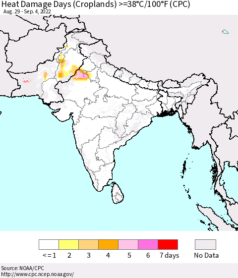 Southern Asia Heat Damage Days (Croplands) >=38°C/100°F (CPC) Thematic Map For 8/29/2022 - 9/4/2022