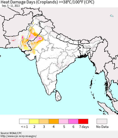 Southern Asia Heat Damage Days (Croplands) >=38°C/100°F (CPC) Thematic Map For 9/5/2022 - 9/11/2022