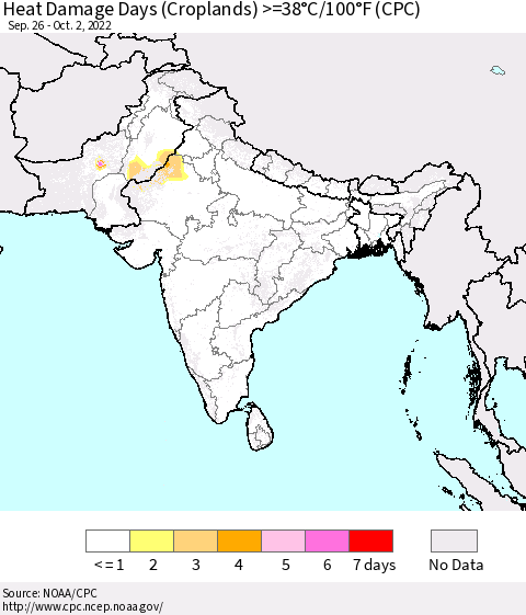 Southern Asia Heat Damage Days (Croplands) >=38°C/100°F (CPC) Thematic Map For 9/26/2022 - 10/2/2022