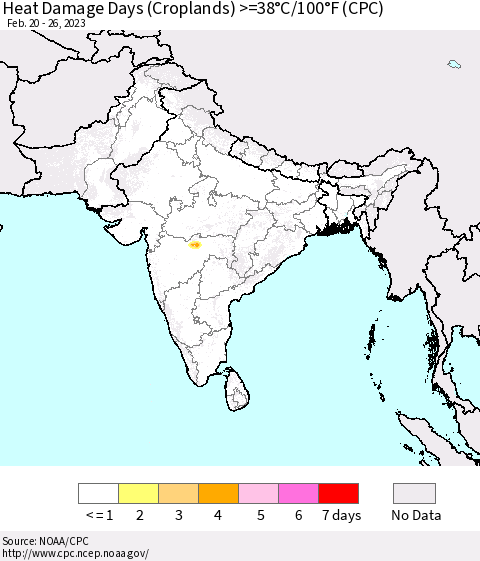Southern Asia Heat Damage Days (Croplands) >=38°C/100°F (CPC) Thematic Map For 2/20/2023 - 2/26/2023