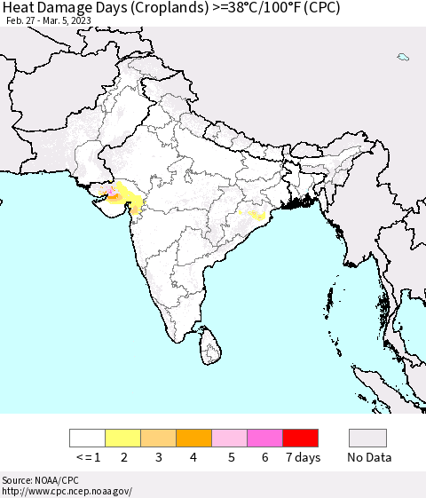 Southern Asia Heat Damage Days (Croplands) >=38°C/100°F (CPC) Thematic Map For 2/27/2023 - 3/5/2023