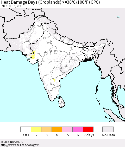 Southern Asia Heat Damage Days (Croplands) >=38°C/100°F (CPC) Thematic Map For 3/13/2023 - 3/19/2023