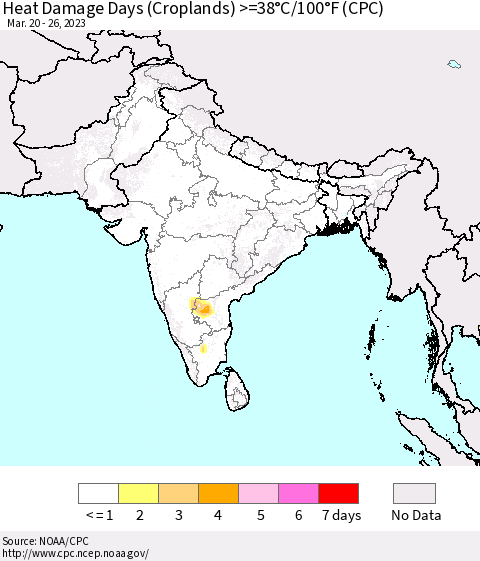 Southern Asia Heat Damage Days (Croplands) >=38°C/100°F (CPC) Thematic Map For 3/20/2023 - 3/26/2023