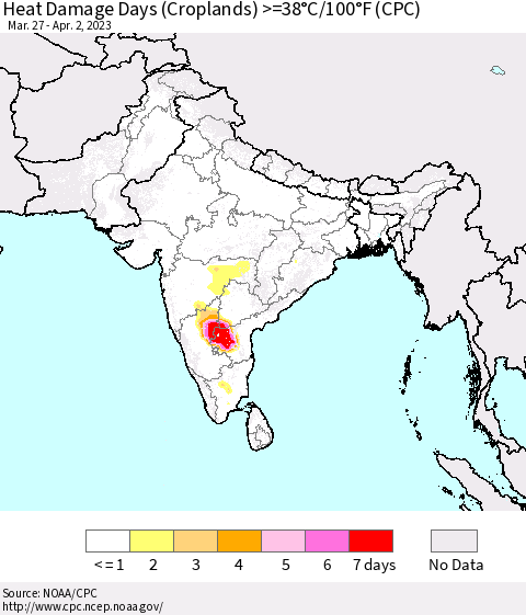 Southern Asia Heat Damage Days (Croplands) >=38°C/100°F (CPC) Thematic Map For 3/27/2023 - 4/2/2023