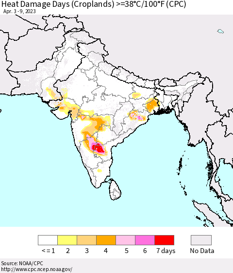 Southern Asia Heat Damage Days (Croplands) >=38°C/100°F (CPC) Thematic Map For 4/3/2023 - 4/9/2023