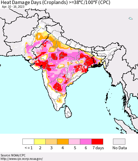 Southern Asia Heat Damage Days (Croplands) >=38°C/100°F (CPC) Thematic Map For 4/10/2023 - 4/16/2023