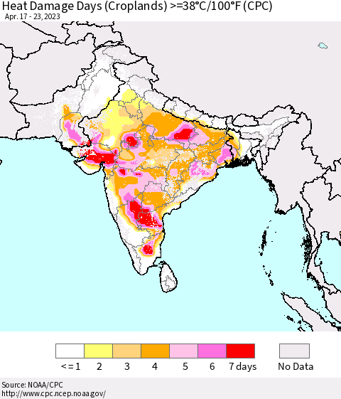 Southern Asia Heat Damage Days (Croplands) >=38°C/100°F (CPC) Thematic Map For 4/17/2023 - 4/23/2023