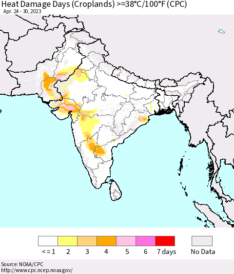 Southern Asia Heat Damage Days (Croplands) >=38°C/100°F (CPC) Thematic Map For 4/24/2023 - 4/30/2023
