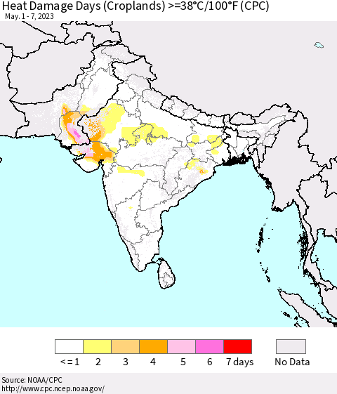 Southern Asia Heat Damage Days (Croplands) >=38°C/100°F (CPC) Thematic Map For 5/1/2023 - 5/7/2023