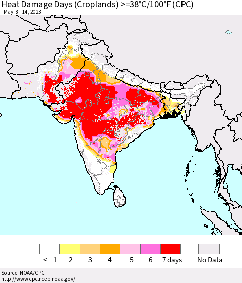 Southern Asia Heat Damage Days (Croplands) >=38°C/100°F (CPC) Thematic Map For 5/8/2023 - 5/14/2023