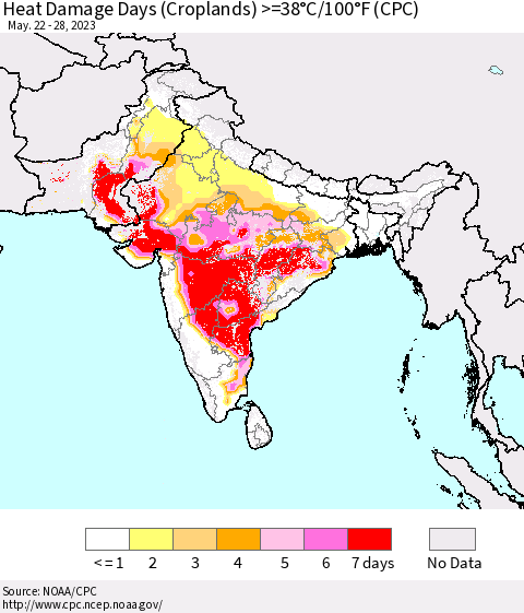 Southern Asia Heat Damage Days (Croplands) >=38°C/100°F (CPC) Thematic Map For 5/22/2023 - 5/28/2023