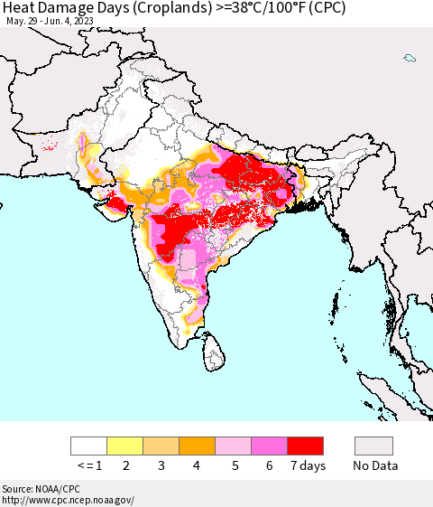 Southern Asia Heat Damage Days (Croplands) >=38°C/100°F (CPC) Thematic Map For 5/29/2023 - 6/4/2023