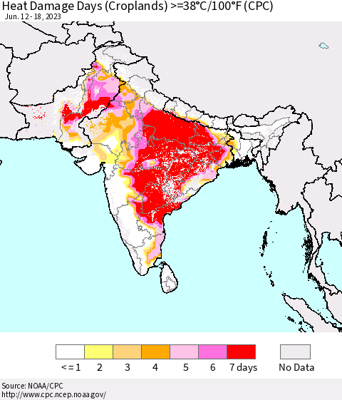 Southern Asia Heat Damage Days (Croplands) >=38°C/100°F (CPC) Thematic Map For 6/12/2023 - 6/18/2023