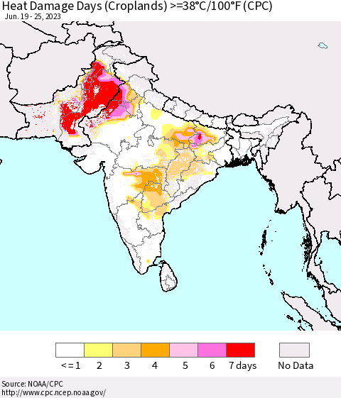 Southern Asia Heat Damage Days (Croplands) >=38°C/100°F (CPC) Thematic Map For 6/19/2023 - 6/25/2023
