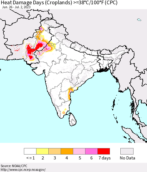 Southern Asia Heat Damage Days (Croplands) >=38°C/100°F (CPC) Thematic Map For 6/26/2023 - 7/2/2023