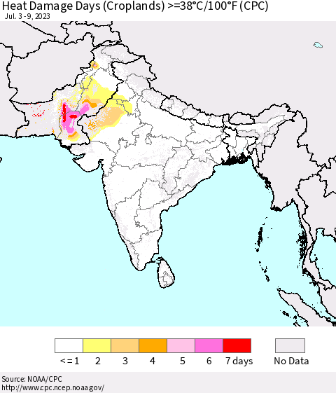 Southern Asia Heat Damage Days (Croplands) >=38°C/100°F (CPC) Thematic Map For 7/3/2023 - 7/9/2023
