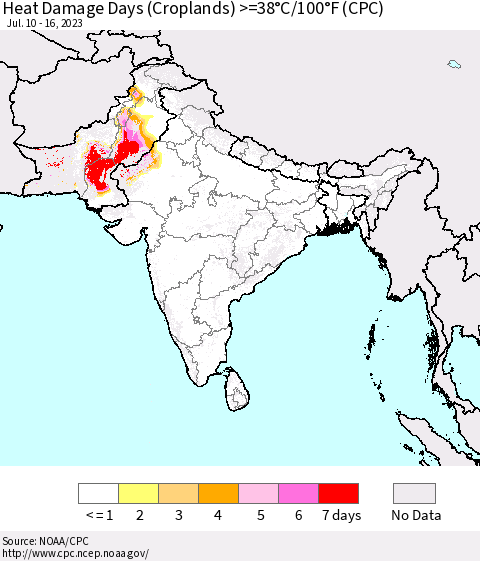 Southern Asia Heat Damage Days (Croplands) >=38°C/100°F (CPC) Thematic Map For 7/10/2023 - 7/16/2023