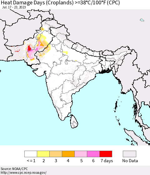 Southern Asia Heat Damage Days (Croplands) >=38°C/100°F (CPC) Thematic Map For 7/17/2023 - 7/23/2023
