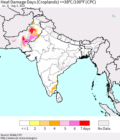 Southern Asia Heat Damage Days (Croplands) >=38°C/100°F (CPC) Thematic Map For 7/31/2023 - 8/6/2023